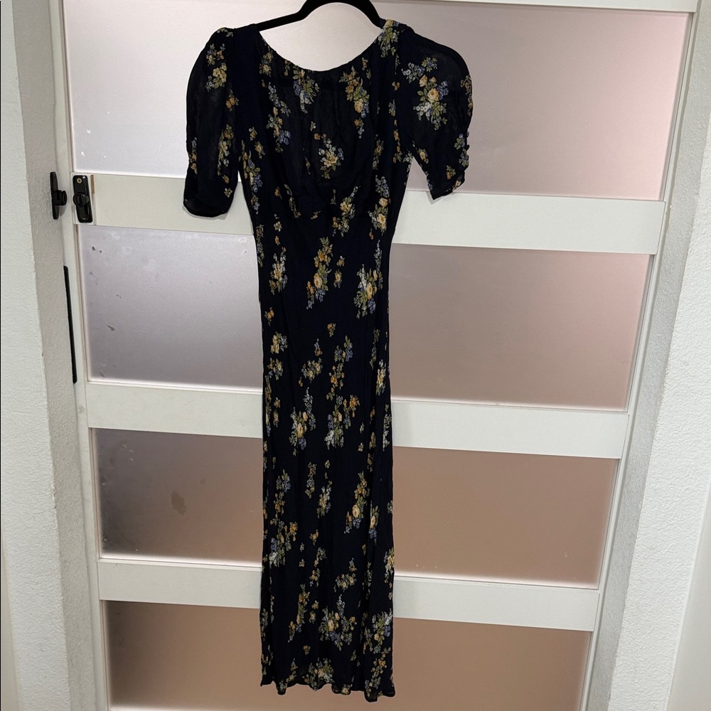Reformation Navy Floral Puff Sleeve Maxi Dress